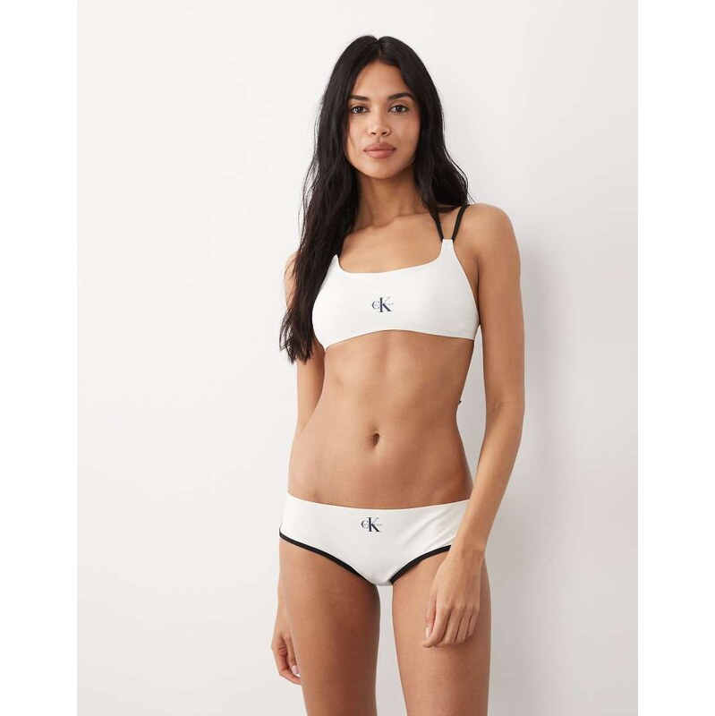 Calvin Klein logo hipster contrast bikini bottom in white-Black 115299608