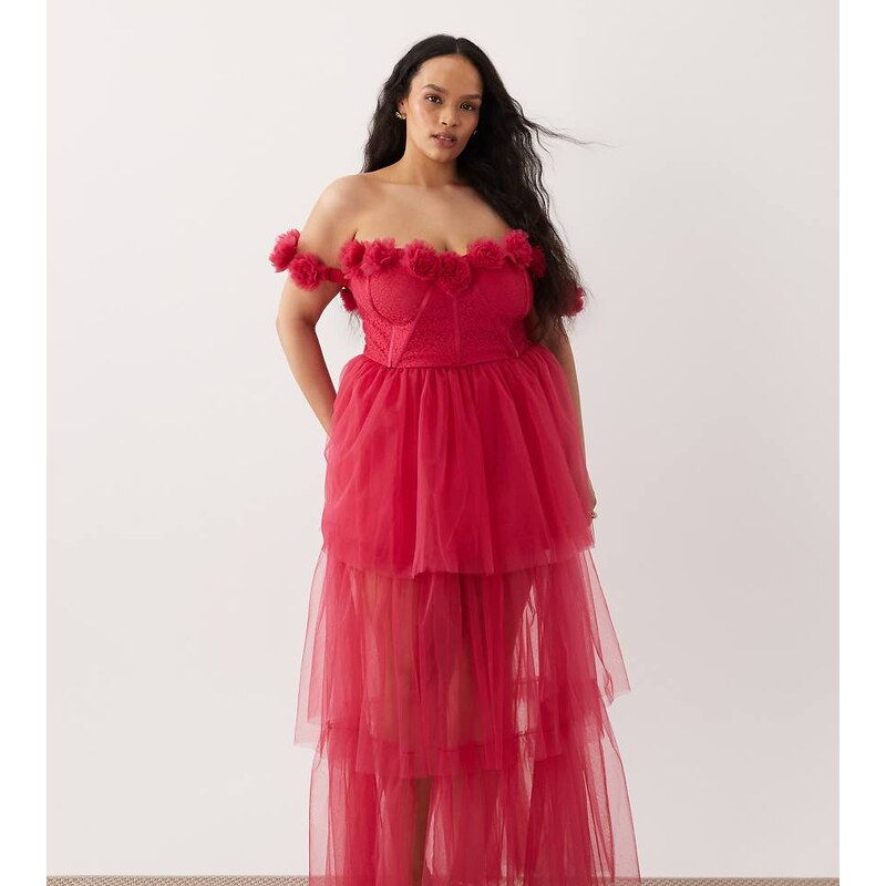 Lace & Beads Plus tulle bardot corsage detail corset maxi dress in 115299838