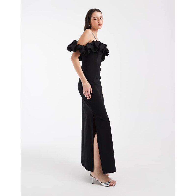 Object extreme off the shoulder satin ruffle trim maxi dress in