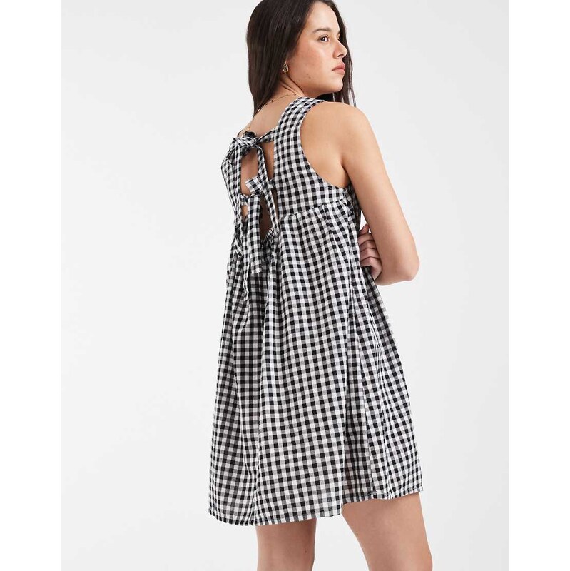 Pieces seersucker sleeveless tie back mini dress in black and