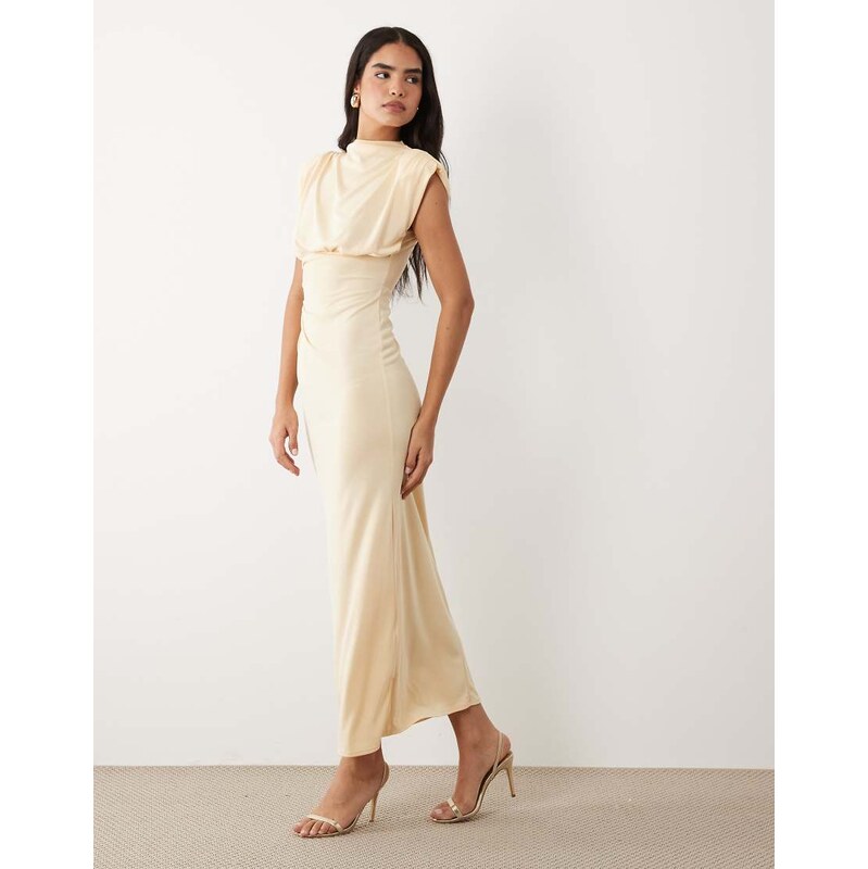 ASOS DESIGN ruched detail shoulder pad midi dress in lemon