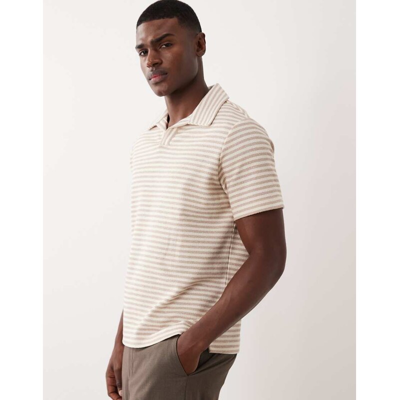 Mango cotton rich revere neck striped t-shirt in beige-Neutral