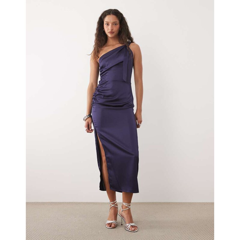Mango satin one shoulder midi dress in dark blue