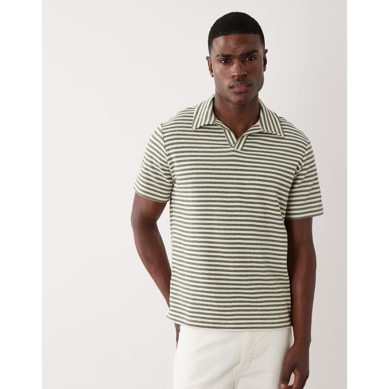 Mango striped revere neck knitted t-shirt in khaki-Green