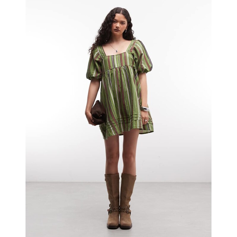 Reclaimed Vintage green stripe linen blend smock dress 115299879