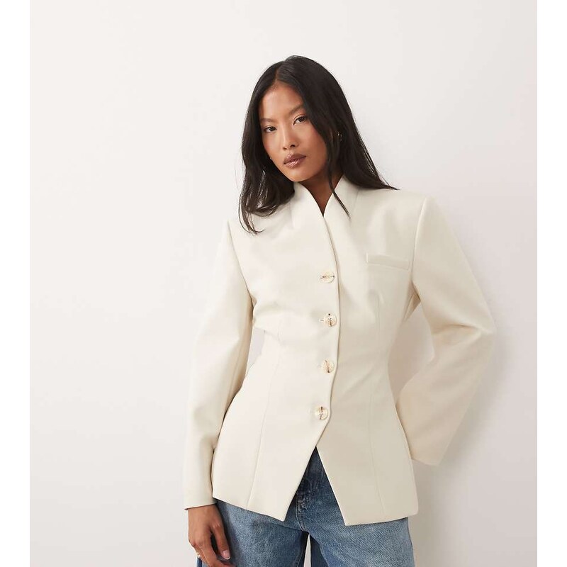 Miss Selfridge Petite collarless blazer in ivory-White 115299887