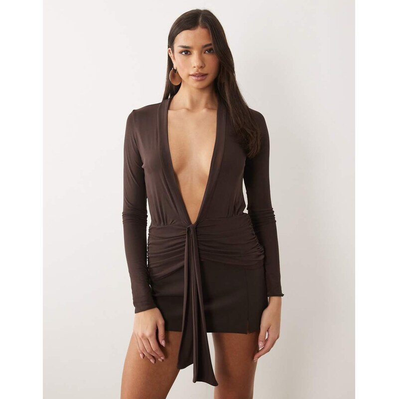 ASOS DESIGN mesh long sleeve plunge top with tie waist in brown
