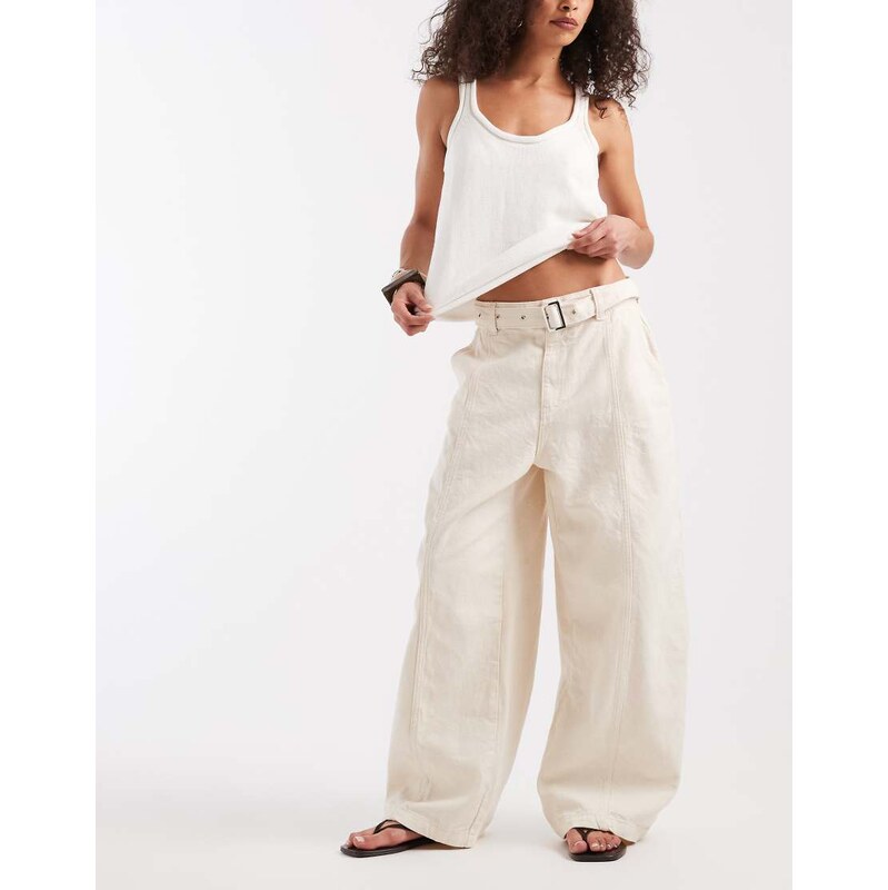 ASOS DESIGN canvas wide leg with belt detail in stone-Neutral 115708640