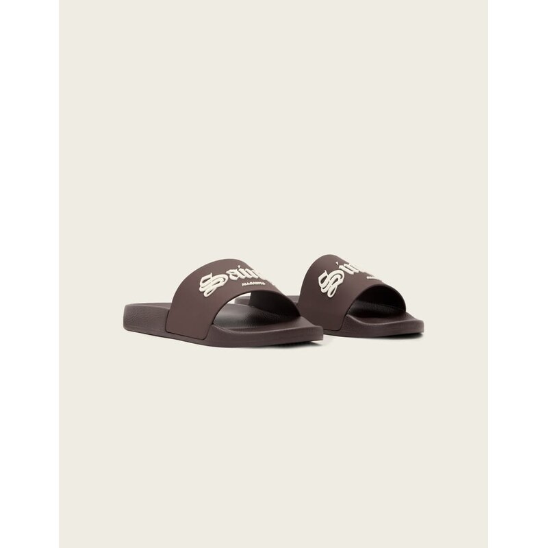 AllSaints Saints & Sinners one strap logo sliders in dark brown 115299902