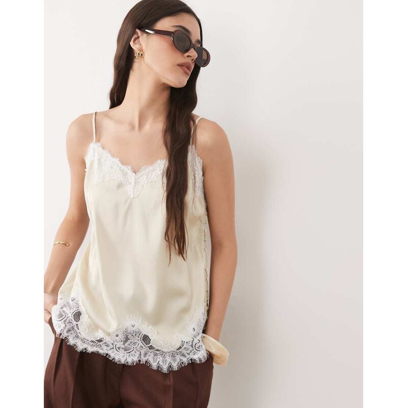 Abercrombie & Fitch satin lace detail cami top in cream-White
