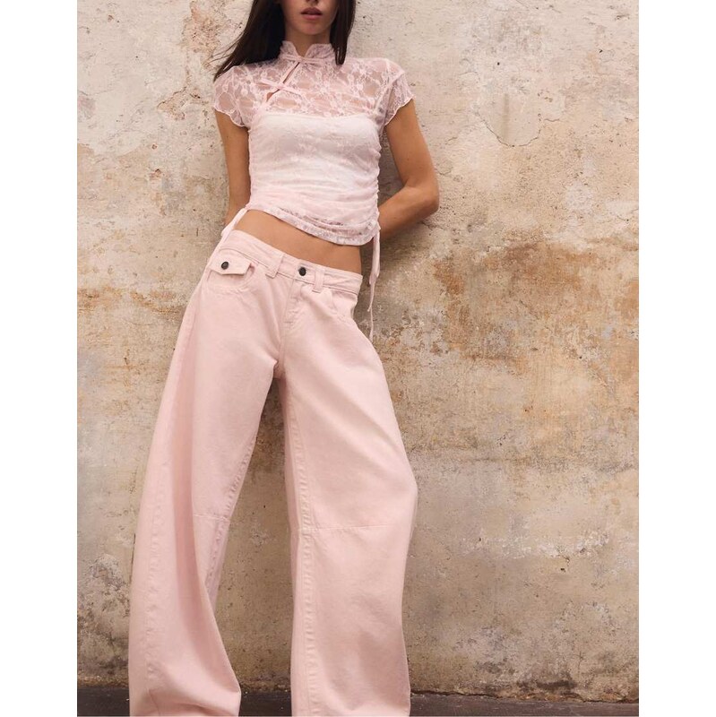 Stradivarius Low-rise barrel jeans in pastel pink