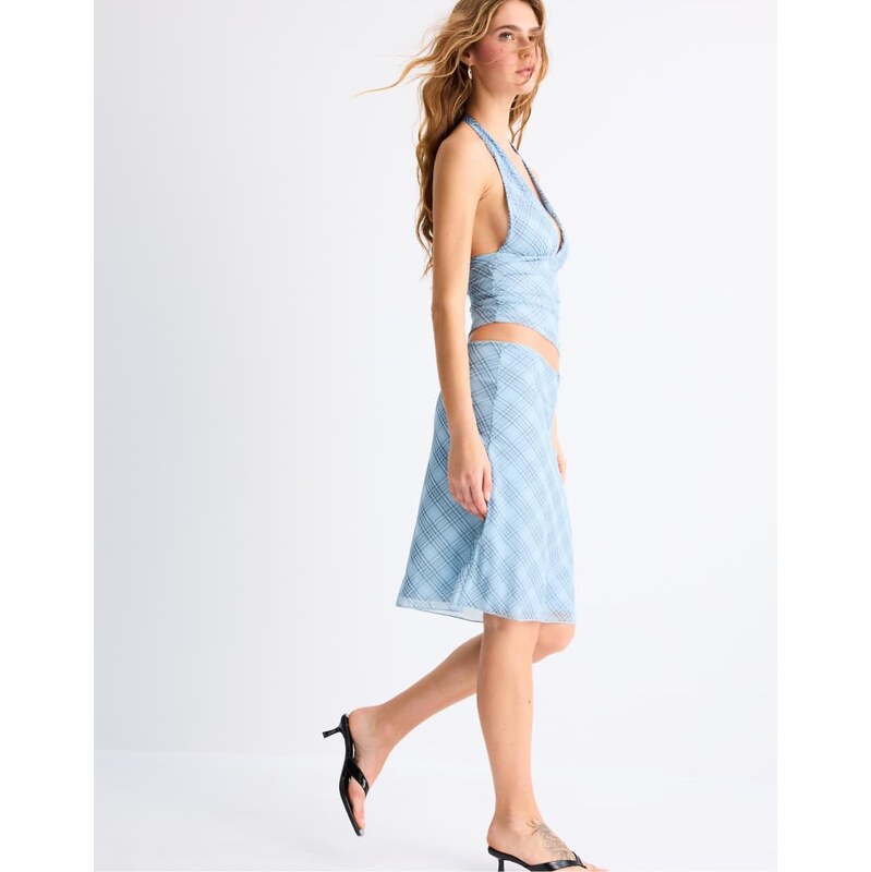 Stradivarius Printed tulle midi skirt in sky blue 115299942