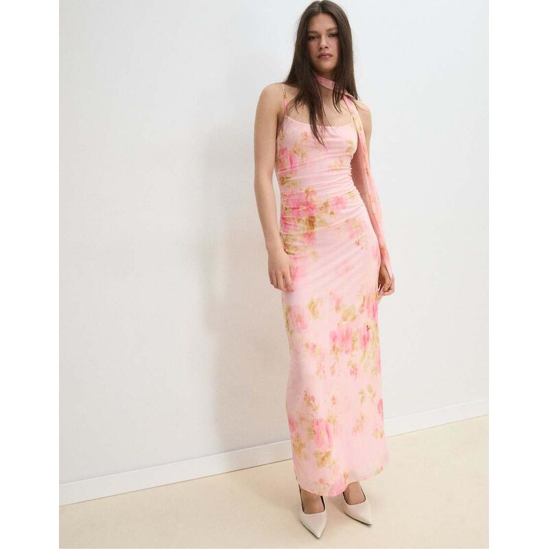 Stradivarius Printed tulle midi dress with scarf in pastel pink 115299935