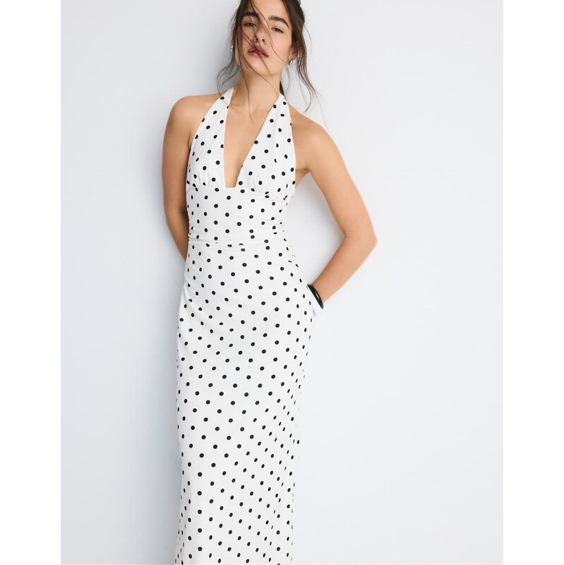 Stradivarius Halter neck backless midi dress in ecru-White 115589944