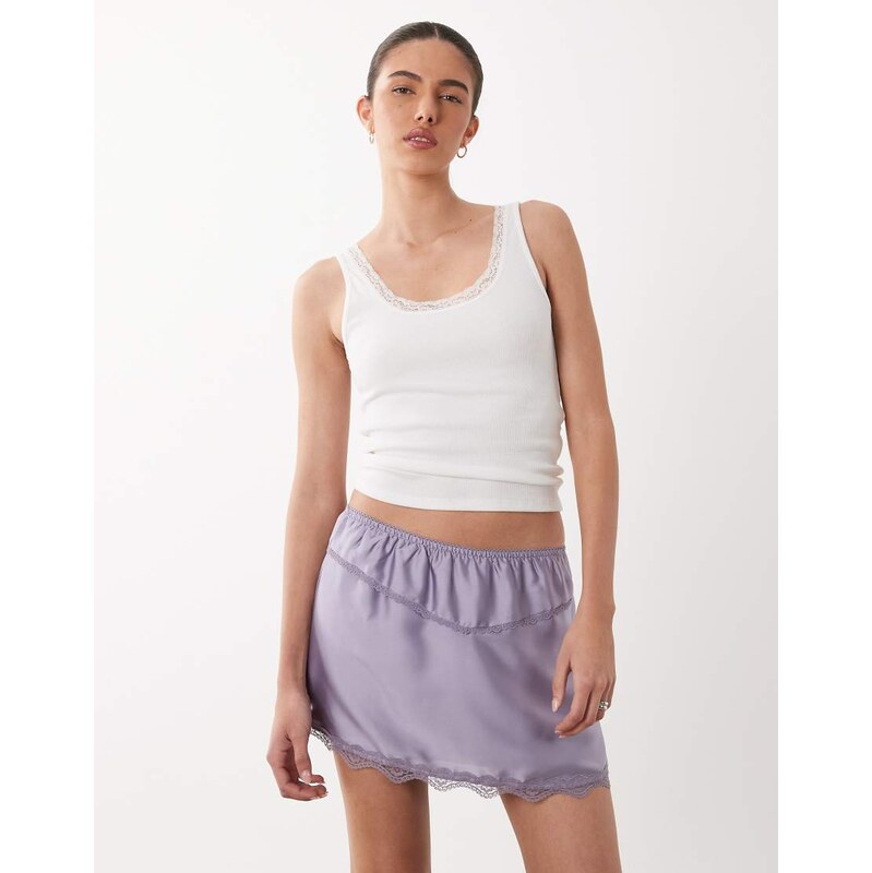 Cotton On estelle mini satin skirt with lace trim in lilac purple 115354954