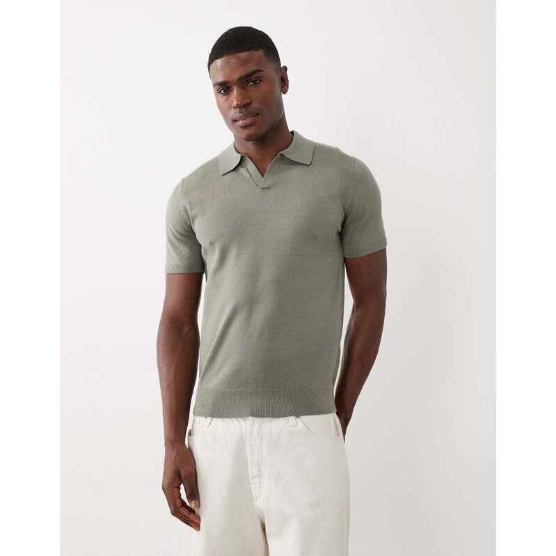 Selected knit split neck polo in sage green
