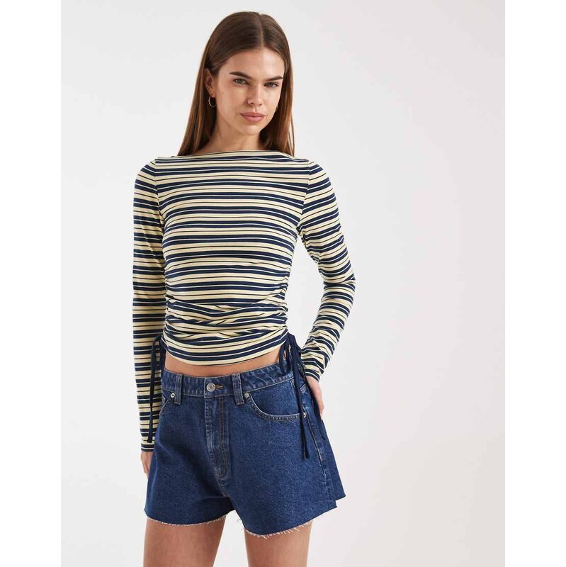 ASOS DESIGN ruched detail tie side boat neck long sleeve top in buttermilk and navy stripe-Multi