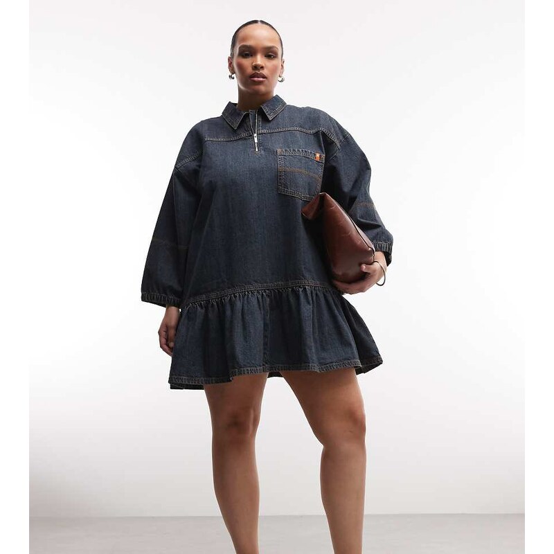 COLLUSION Plus smock dress with puff sleeves in dark wash-Navy