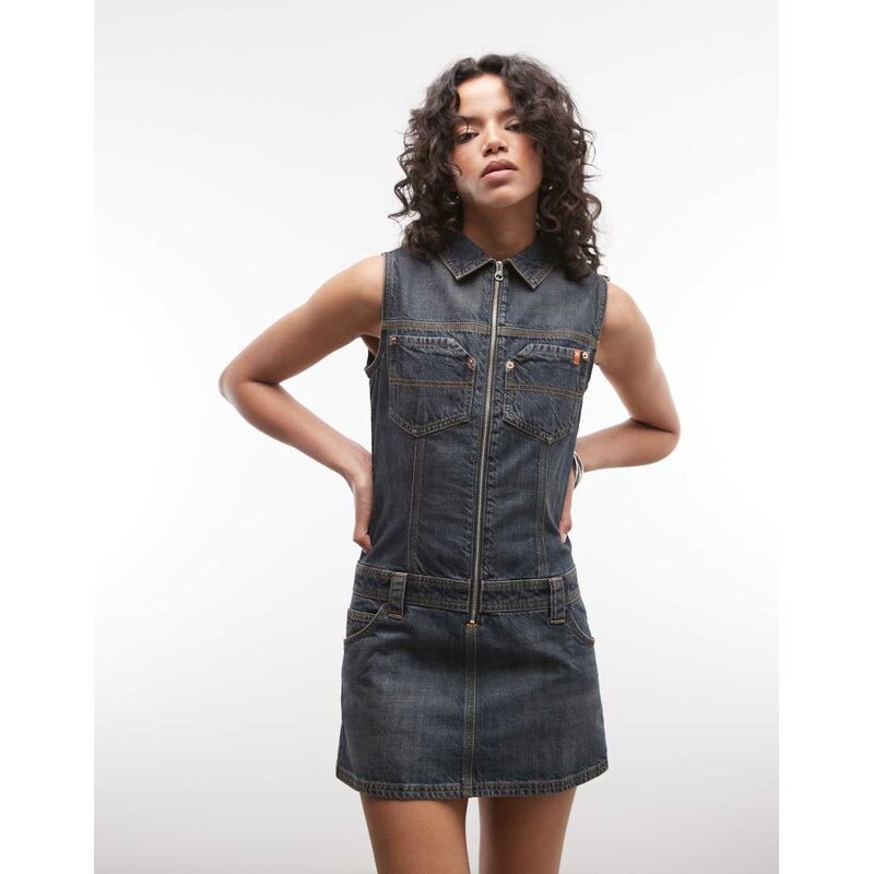 COLLUSION 90s utility drop waist denim dress in dark wash-Navy