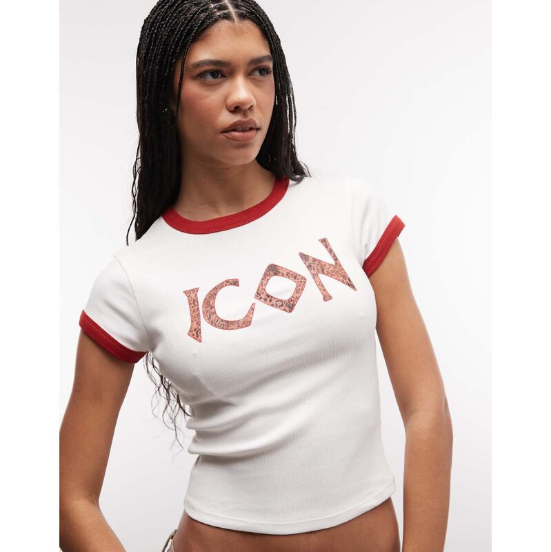 ASOS DESIGN ringer baby tee with leopard icon slogan in white