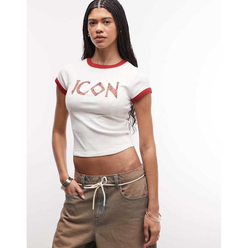 ASOS DESIGN ringer baby tee with leopard icon slogan in white