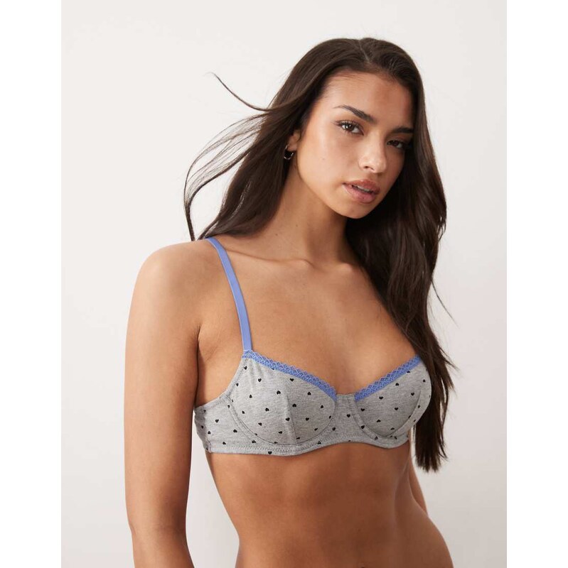 ASOS DESIGN Faye underwire bra in grey marl heart print with blue lace 115521256