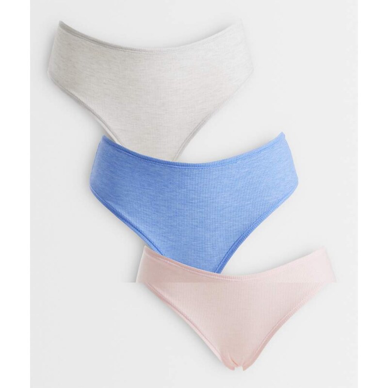 ASOS DESIGN 3 pack high waist rib brief in blue, pink & cream-No 115521257