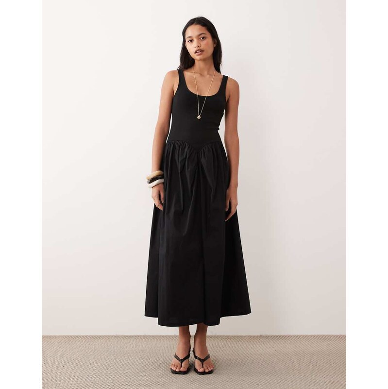 ASOS DESIGN basque waist midi dress with woven skirt in black