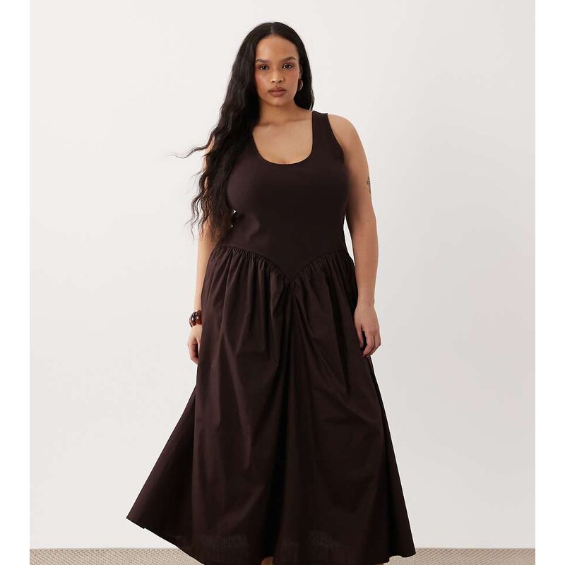 ASOS Curve ASOS DESIGN Curve basque waist midi dress with woven skirt 115521355