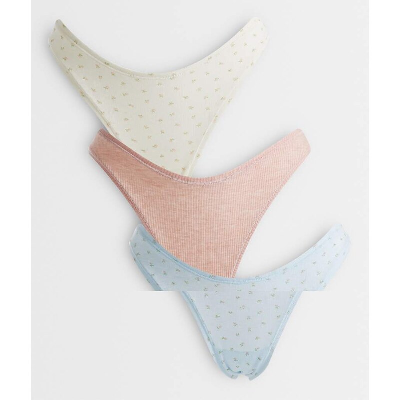 ASOS DESIGN 3 pack thong in blue & cream ditsy print and oatmeal rib 115521637