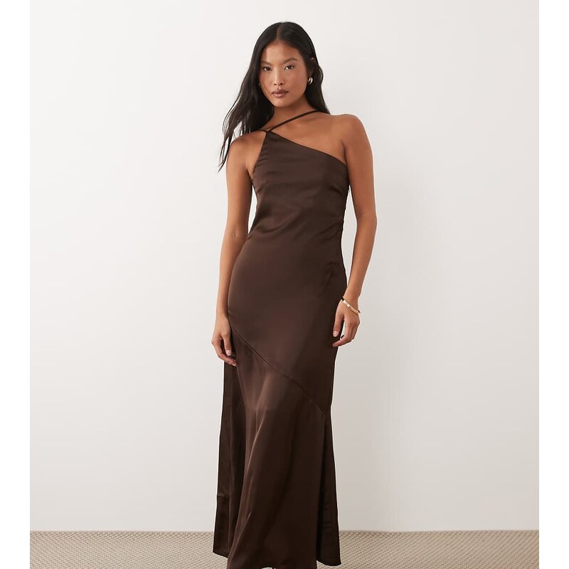 Vila Petite one shoulder strap detail satin maxi dress in