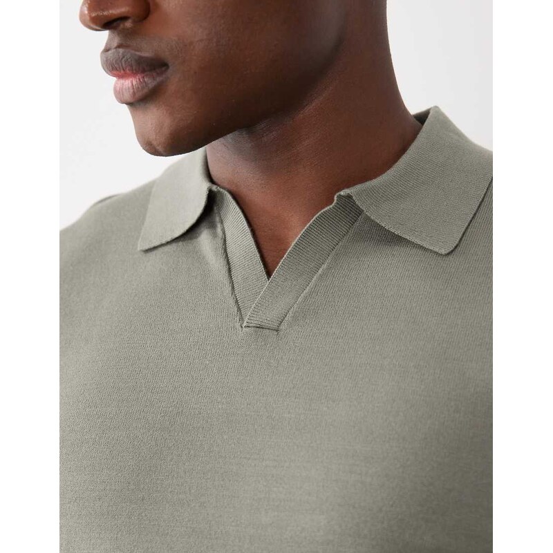 Selected knit split neck polo in sage green
