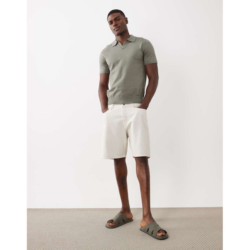 Selected knit split neck polo in sage green