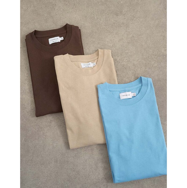 Topman 3 pack relaxed fit t-shirt in brown, stone and blue-Multi
