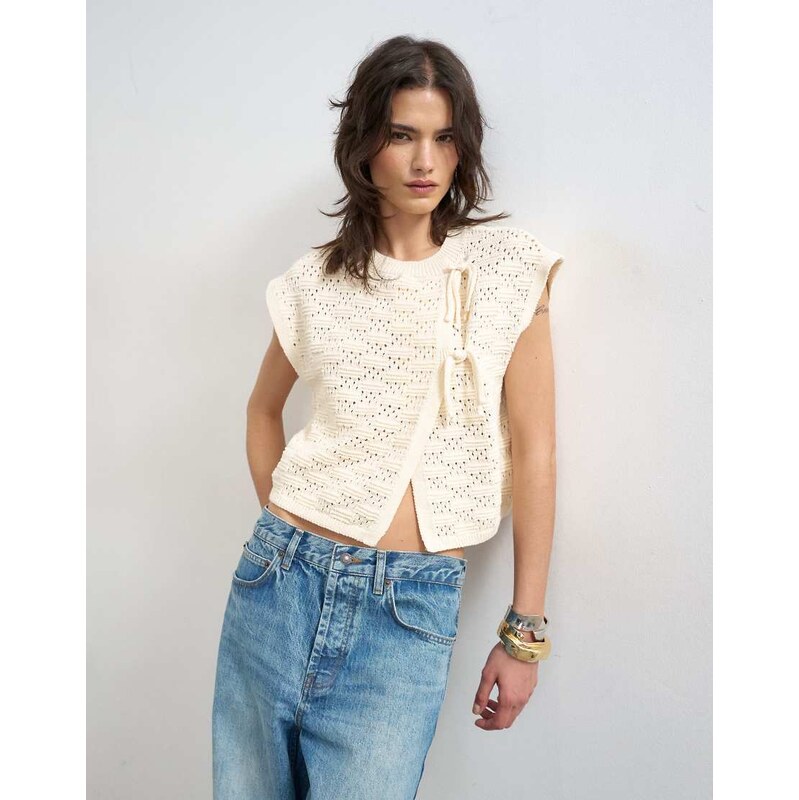 Topshop knitted sleeveless mandarin collar front tie wrap tank
