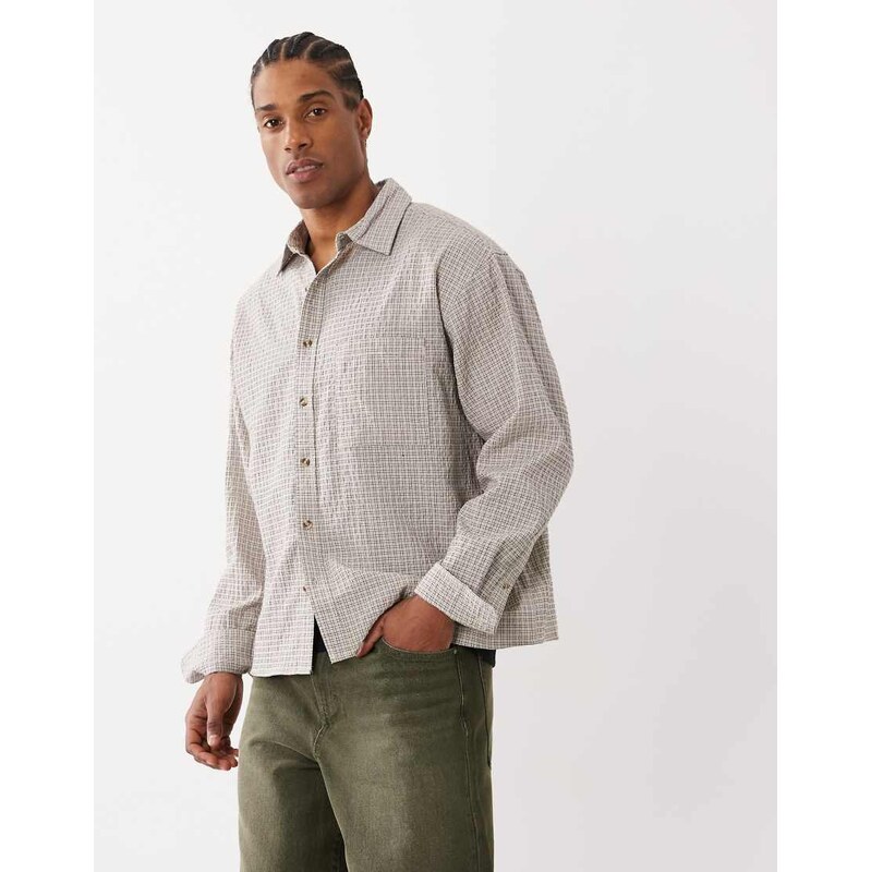 Cotton On hudson long sleeve shirt in stone micro check-Multi