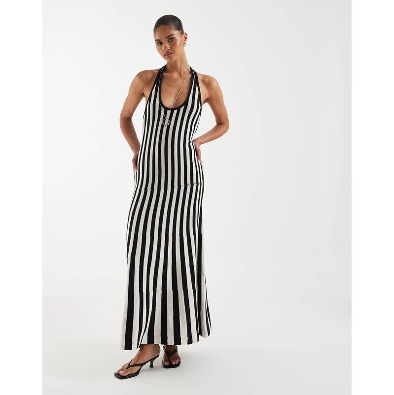 ASOS DESIGN knitted pleated maxi dress in mono stripe-Multi