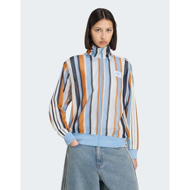 adidas Originals summer glow knitted stripe firebird track top in blue 115642408