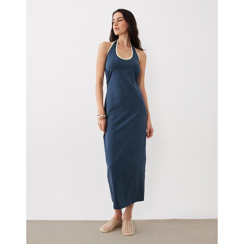 ASOS DESIGN halter midi dress with buttermilk contrast trim in