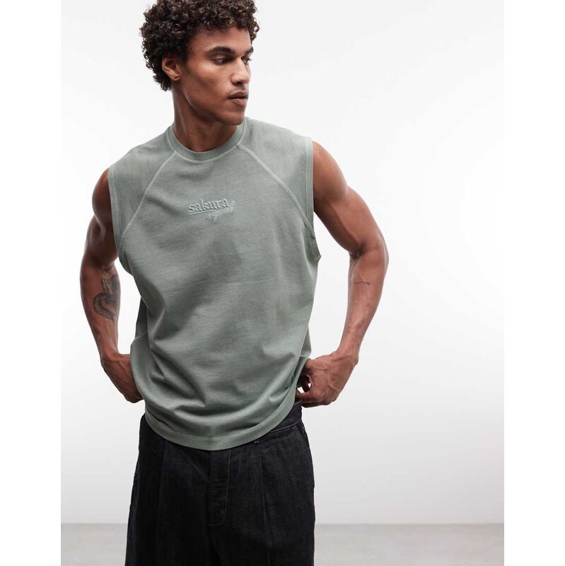 ASOS DESIGN oversized tank with souvenir graphic in washed green