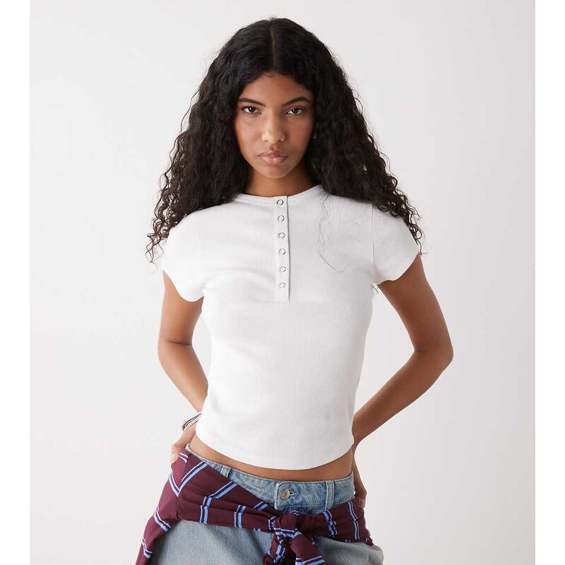 COLLUSION short sleeve rib henley top in white-Black 115360882