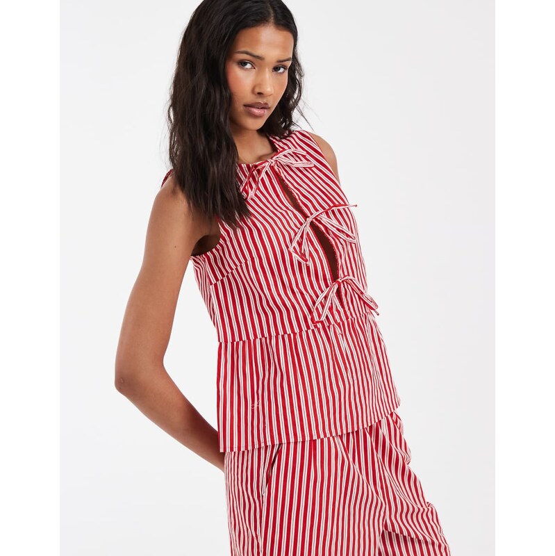 Pieces tie front peplum hem top co-ord in red and white stripe 115354970