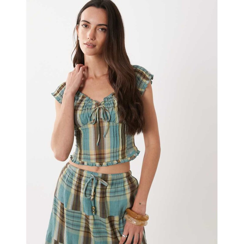 Cotton On greta frill blouse in sunny check co-ord-Multi