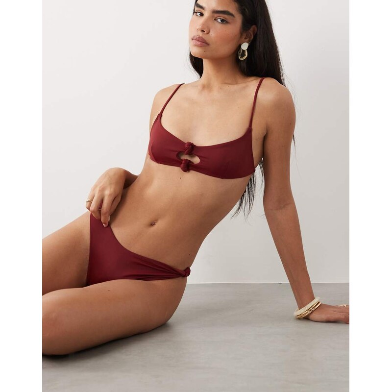 ASOS DESIGN Martina high leg bikini bottom in burgundy-Red