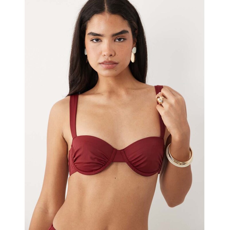 ASOS DESIGN Martina balcony underwire bikini top in burgundy-Red