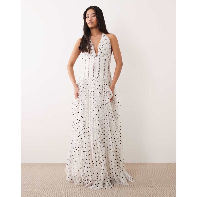 Lace & Beads tulle halter neck ruffle detail maxi dress in white