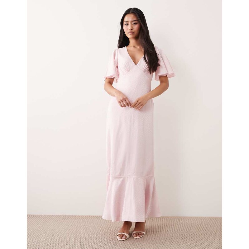 Lace & Beads satin jacquard v neck ruffle hem maxi dress in