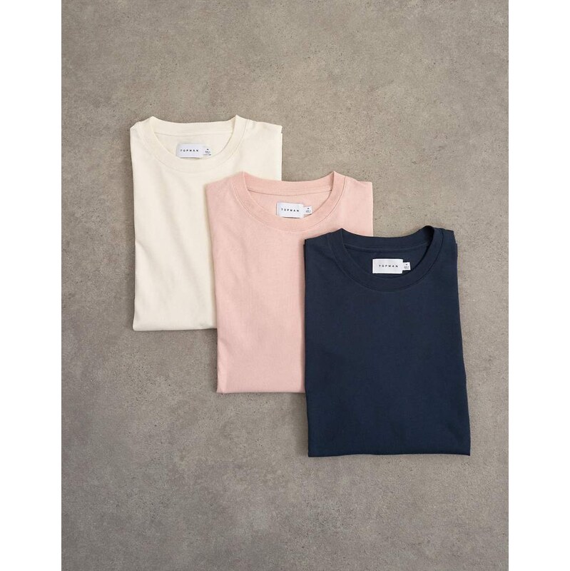 Topman 3 pack classic fit t-shirt in navy, ecru and pink-Multi