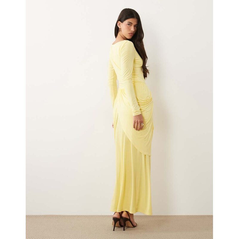 Daska boat neck long sleeve draped skirt maxi dress in yellow