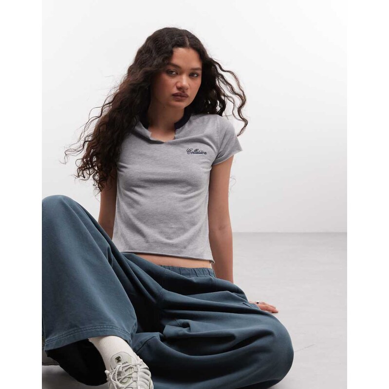 COLLUSION split neck baby tshirt in grey marl